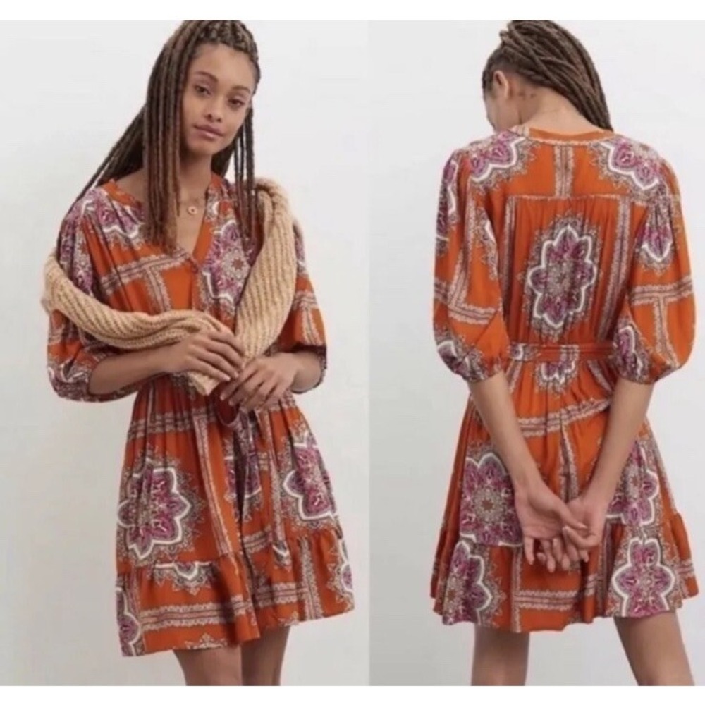 Anthropologie Porridge Isabel Scarf Print Puff Sleeve Belted Mini Dress Size S - Picture 3 of 7